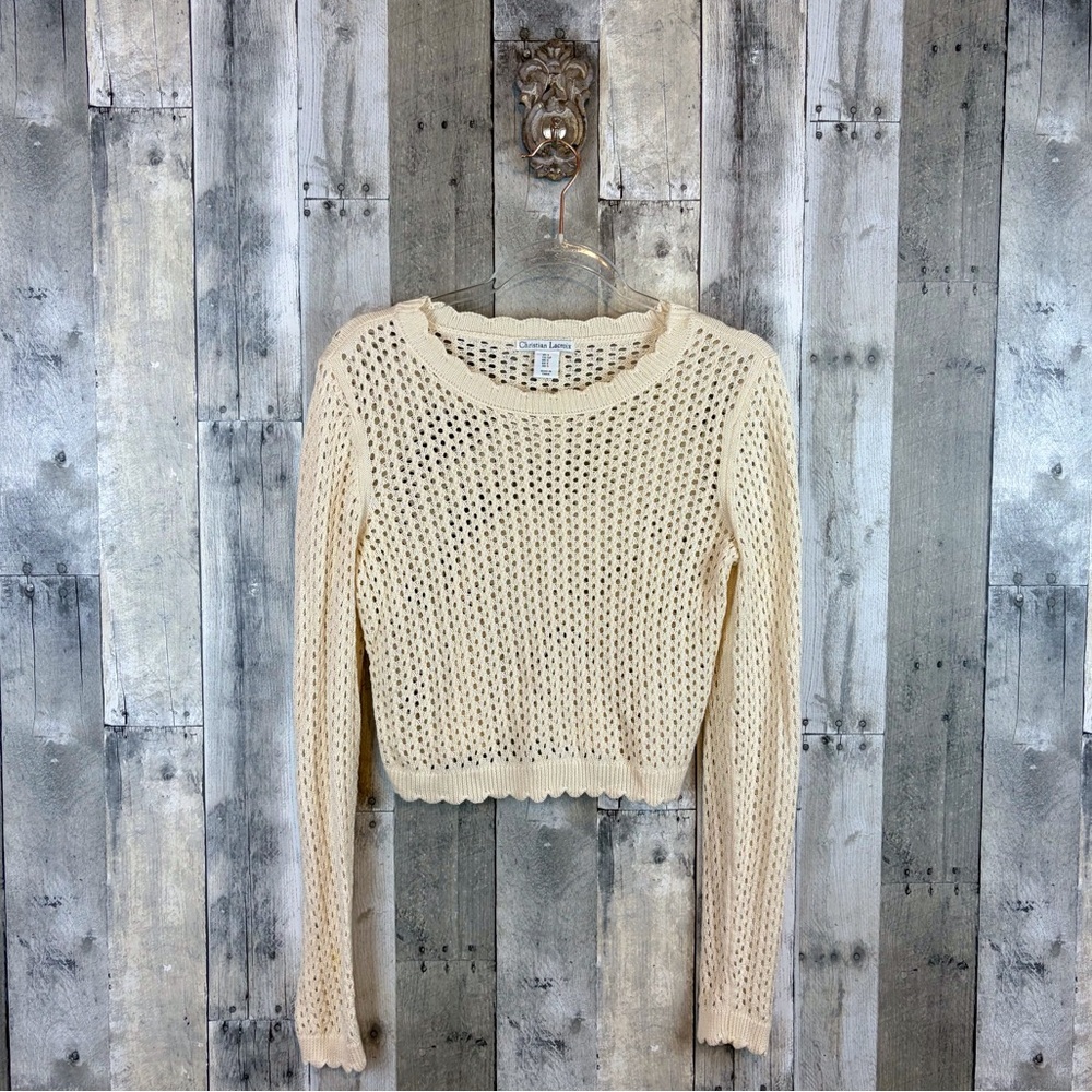 Christian Lacroix Open Knit Scalloped Crop Sweater in Cream Size Small.